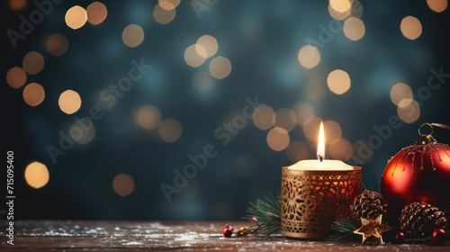 a lit candle sitting on top of a wooden table next to a christmas ornament and a bauble.