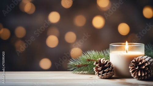  a lit candle sitting on top of a table next to a pine cone and a pine cone on top of a wooden table.