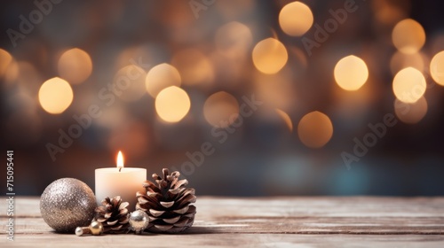  a lit candle next to a pine cone and a christmas ornament on a wooden table with a boke of lights in the background.