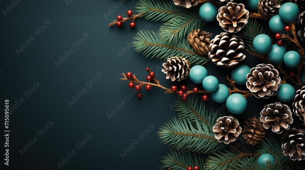  pine cones, berries, and berries are arranged on a dark blue background with pine cones and berries in the foreground.