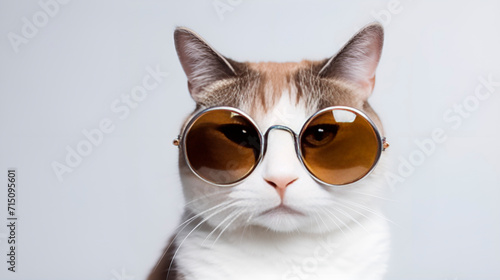 Funny cat in sunglasses in trendy style on street background. Portrait summer. Pet care, generated AI