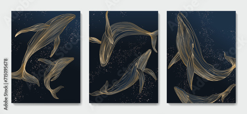 Set of dark art backgrounds with hand-drawn whales in golden line style. Vector posters with whales in the sea for decoration, print, textiles, wallpaper, interior design, packaging.