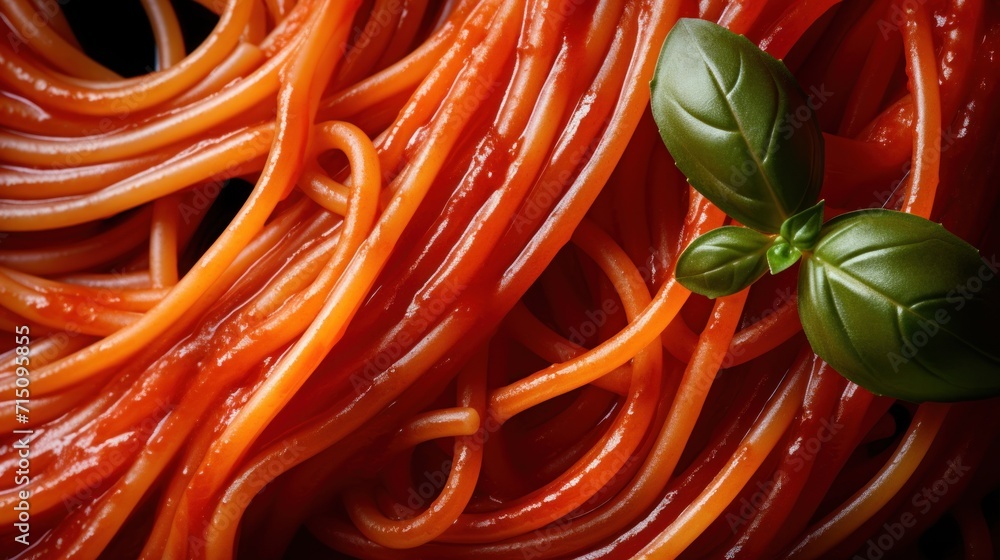  a close up of a bunch of red pasta noodles with a green leaf on top of one of the noodles.