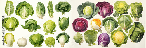 Raw food illustration. Watercolor cabbage varieties set on white background. photo