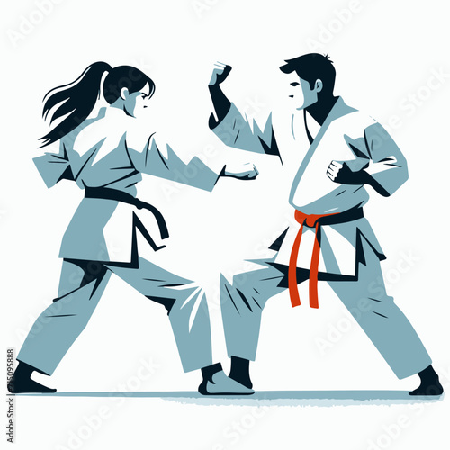 karate couple in kimono fighting karate and taekwondo 