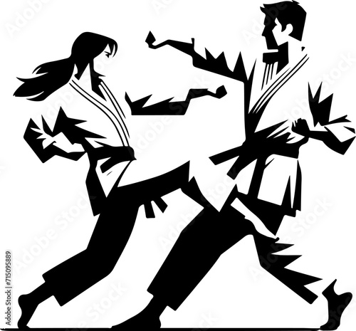silhouettes of fighting karate people