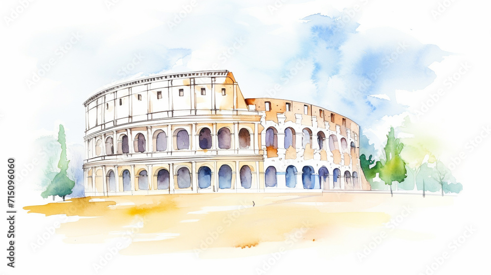 Tourists exploring Colosseum in Rome, Italy cartoon drawing, AI Generated