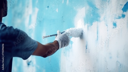  a man is painting a wall with blue and white paint and a white glove is holding a paintbrush in his hand.
