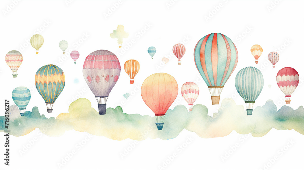 Whimsical Watercolor Hot Air Balloons, Playful watercolor scene of colorful hot air balloons in the sky, AI Generated