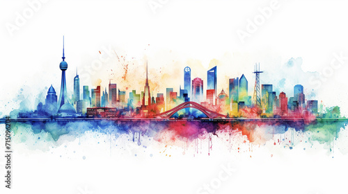 Watercolor Skyline of Famous City An artistic watercolor rendition of famous city's skyline, AI Generated
