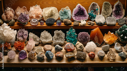 Extensive collection of various gemstones and minerals. Display for educational purposes. Gemology and natural science concept for design and print

