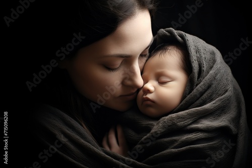 A tender and caring moment of a mother holding a baby on black background