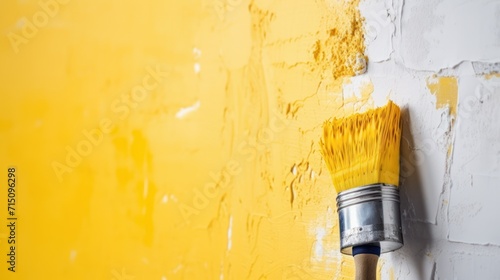  a paintbrush on a yellow painted wall with a white paint roller on the side of the wall and a yellow paint roller on the other side of the wall. photo