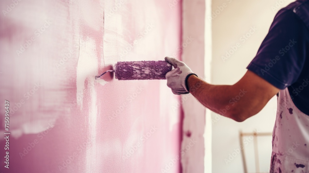  a person with a paint roller painting a wall in a room with pink walls and a chair in the background.