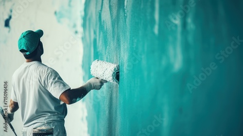  a man painting a wall with a paint roller and a paint roller in one hand and a paint roller in the other hand and a paint roller in the other hand.