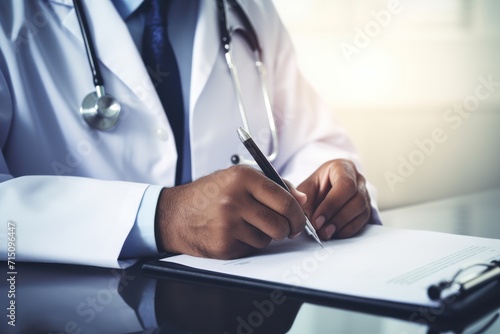  a close up of a person writing on a piece of paper with a stethoscope on top of it.