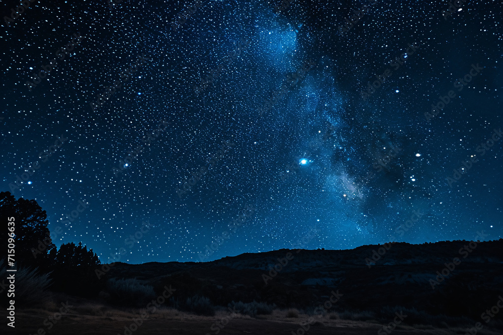 Starry sky with Milky Way over landscape. Astronomical observation concept. Night sky photography for design and print
