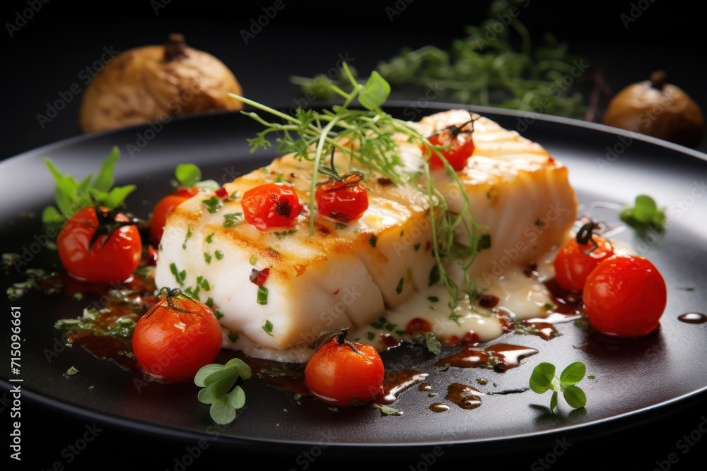 a black plate topped with a piece of fish covered in sauce and garnished with cherry tomatoes and herbs. a black plate topped with a piece of fish covered in sauce and garnished with cherry tomatoes and herbs.