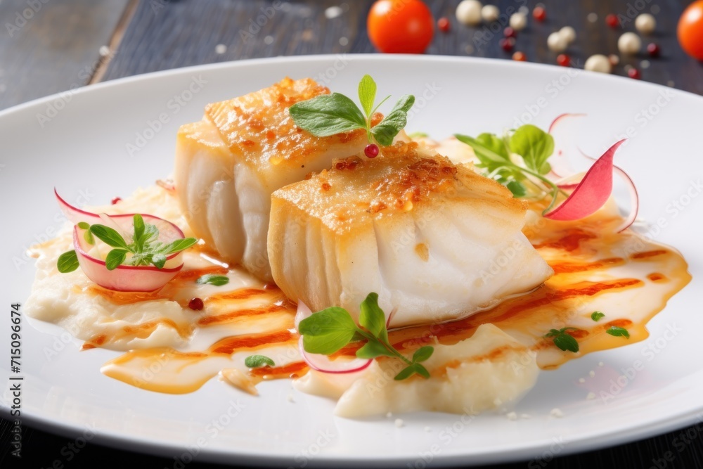 a white plate topped with a piece of fish covered in sauce and garnished with garnishes. a white plate topped with a piece of fish covered in sauce and garnished with garnishes.