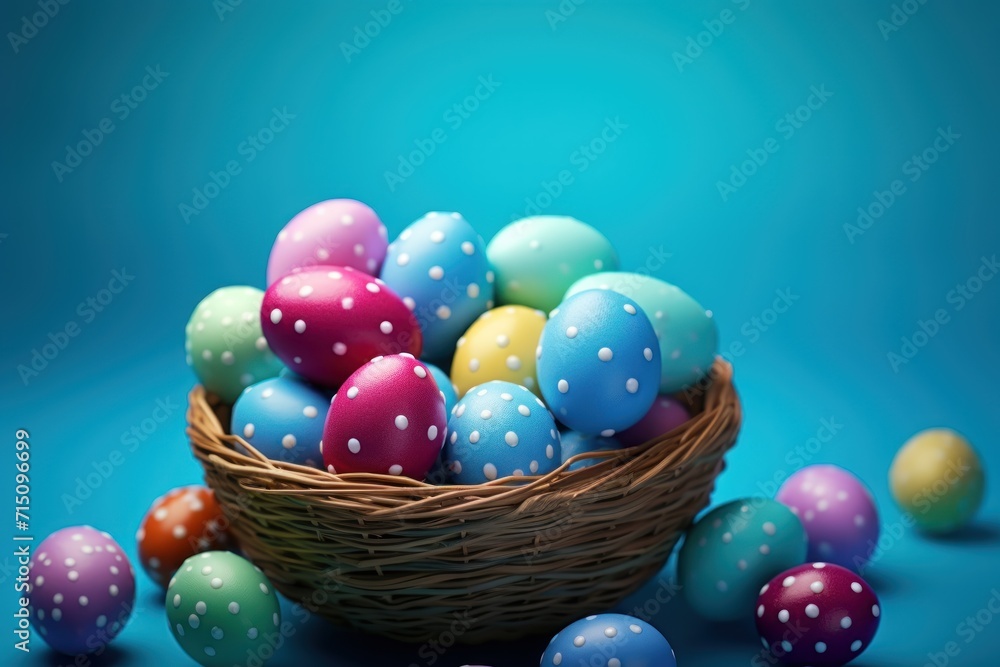a basket filled with colorful eggs on top of a blue table next to a pile of smaller eggs on top of a blue table. a basket filled with colorful eggs on top of a blue table next to a pile of smaller eggs on top of a blue table.
