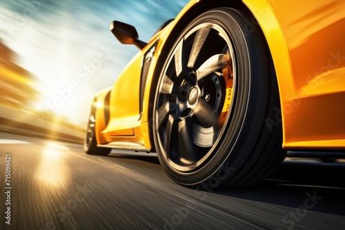 a close up of a yellow sports car driving on a road with the sun shining through the clouds in the background.