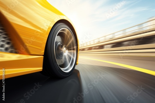  a close up of a car's wheels on a road with a blurry image of a bridge in the background.