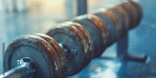 Close-up of old metal dumbbell with a textured grip on a simple background, fitness and strength training concept, banner backdrop.