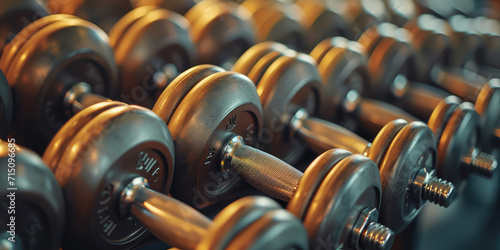 Close-up of metal dumbbell with a textured grip on a simple background, fitness and strength training concept, wallpaper backdrop.