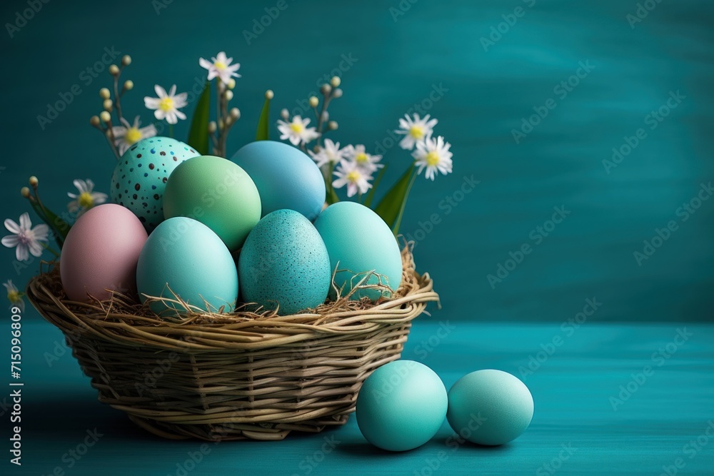  a basket filled with blue and green eggs next to daisies and daisies on a teal blue background.