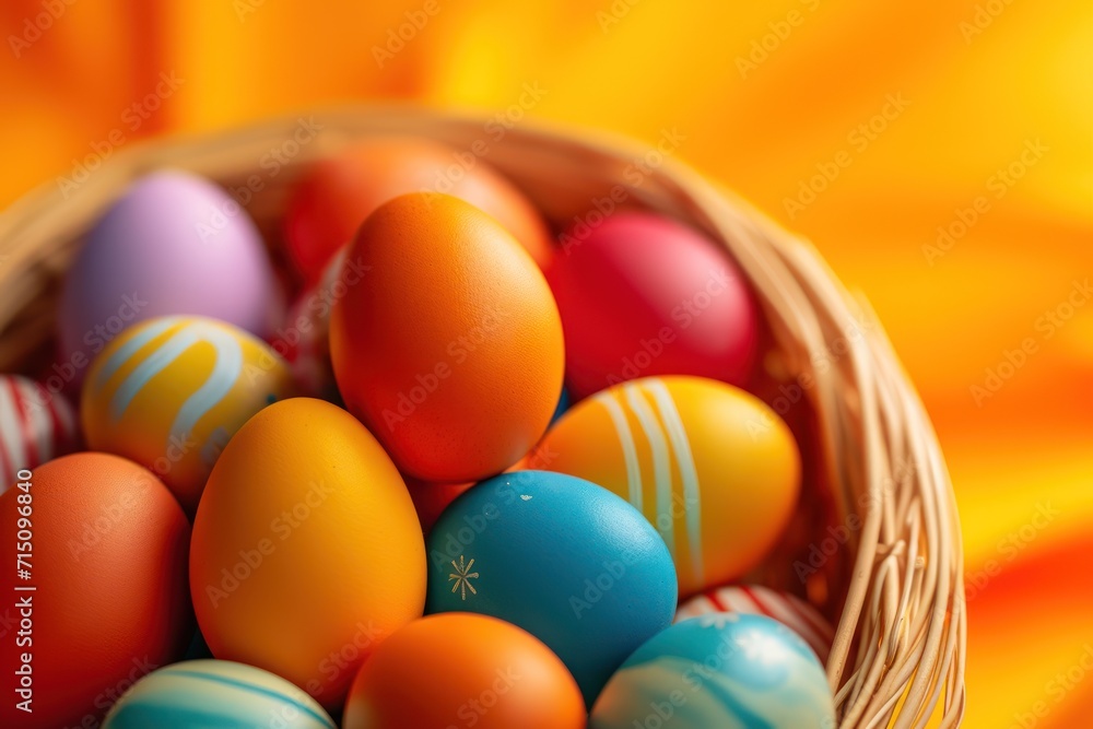a basket filled with different colored eggs on top of a bed of orange and yellow fabric next to an orange flower. a basket filled with different colored eggs on top of a bed of orange and yellow fabric next to an orange flower.