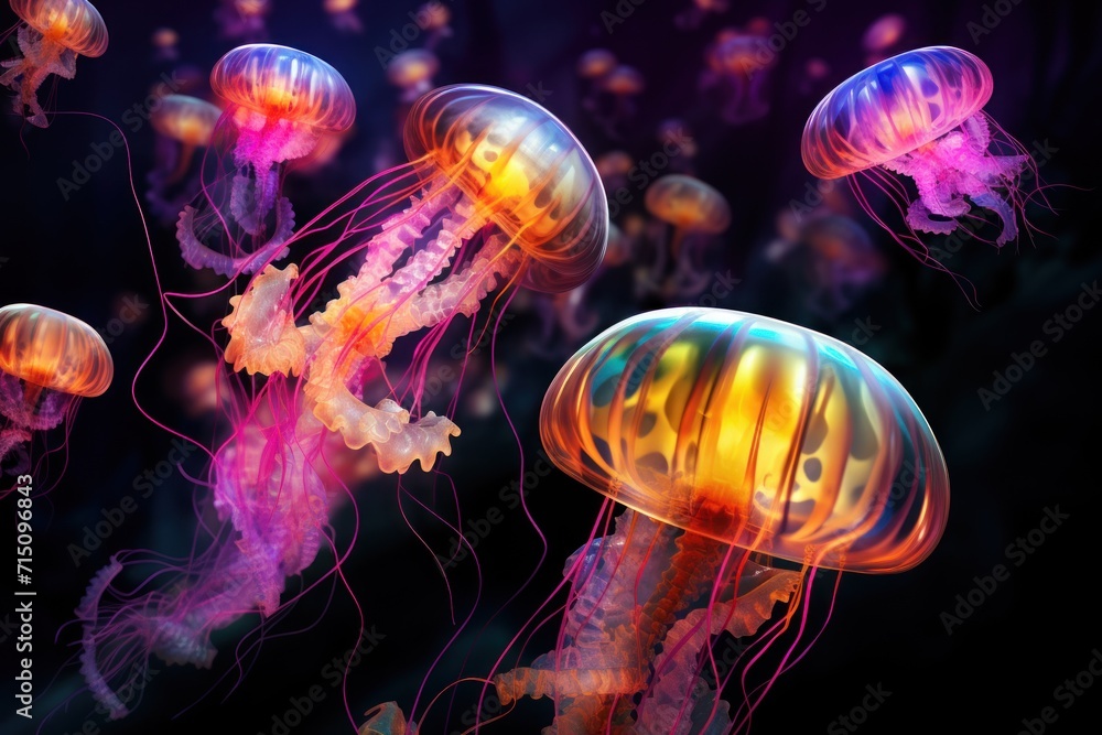  a group of jellyfish floating on top of a blue and pink ocean floor next to a purple and black background.