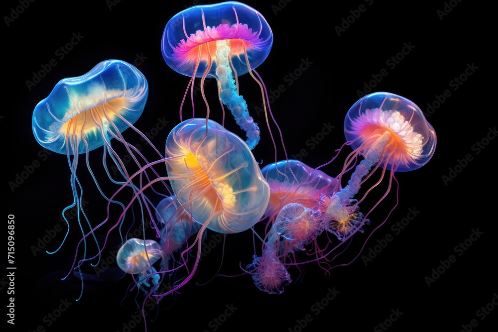  a group of jellyfish floating on top of a dark blue and pink sea net with a yellow center in the middle.