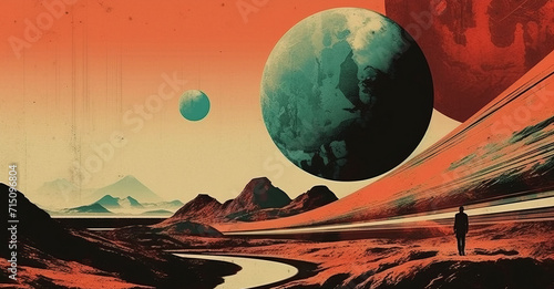 Illustration Mars exploration retro concept in sci-fi style photo