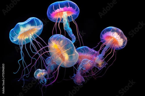  a group of jellyfish floating on top of a dark blue and pink sea net with a yellow center in the middle. © Nadia