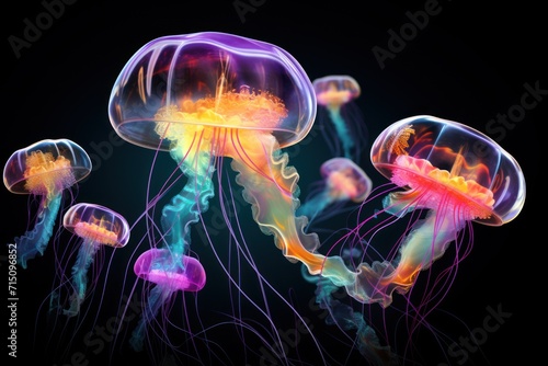  a group of jellyfish floating on top of a dark blue and yellow ocean floor with a black back ground.