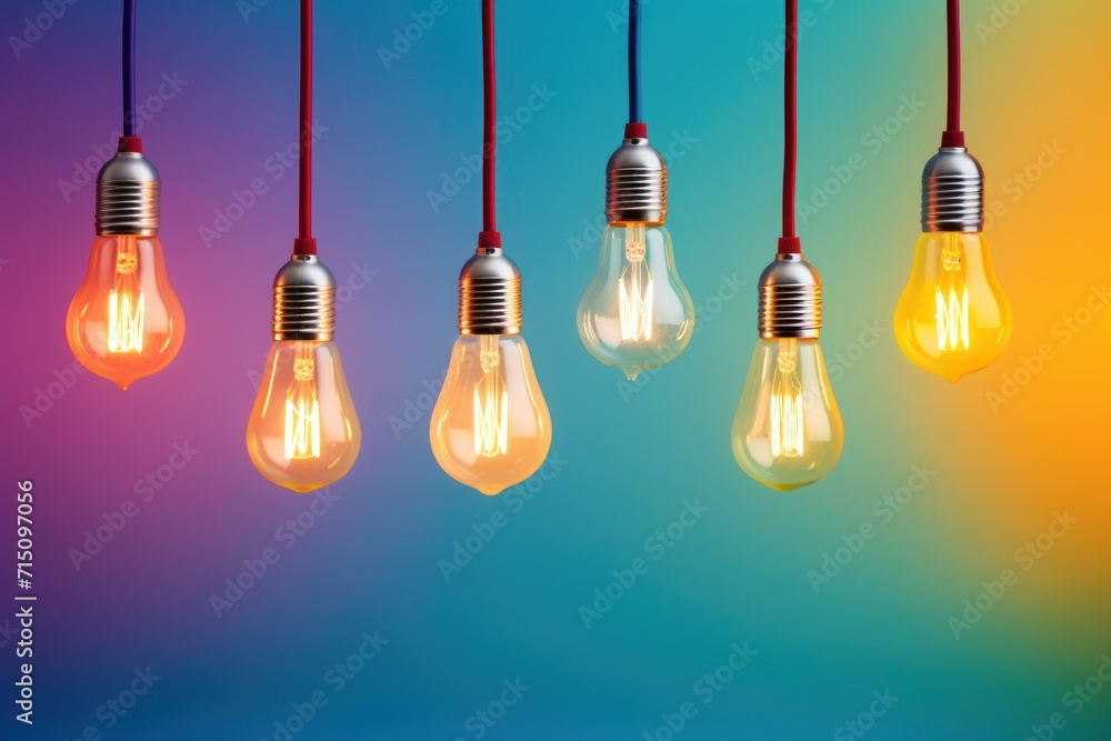 a group of light bulbs hanging from a line on a blue, green, yellow, red, and purple background. a group of light bulbs hanging from a line on a blue, green, yellow, red, and purple background.