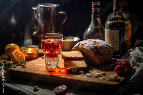  a wooden cutting board topped with a loaf of bread next to a glass of wine and a bottle of wine.