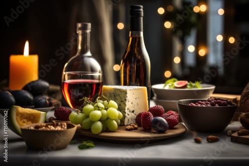  a table topped with bottles of wine and a plate of cheese and grapes next to a bowl of fruit and a bowl of nuts.