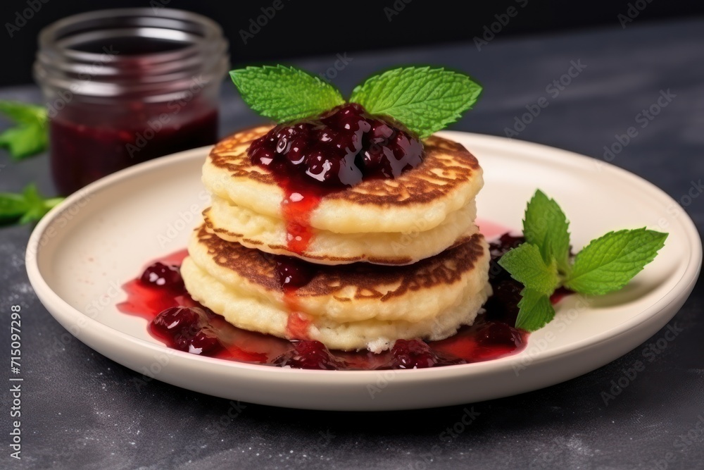 a stack of pancakes sitting on top of a white plate next to a jar of jelly and a green leaf.