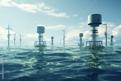 Floating wind turbines in the sea offer an alternative energy source. Generative AI photo
