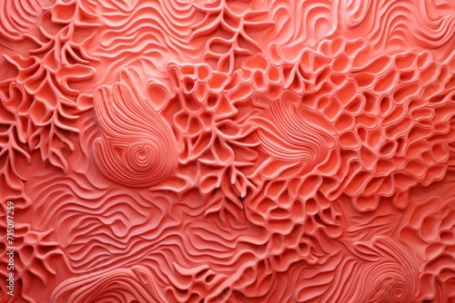  a close up of a red wall with a pattern of wavy, wavy, and wavy shapes on it's surface.