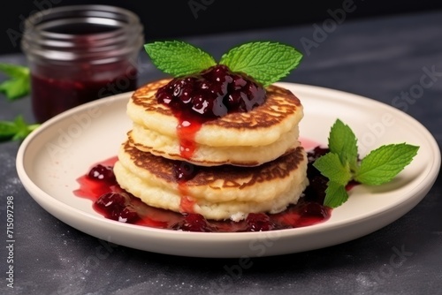  a stack of pancakes sitting on top of a white plate next to a jar of jelly and a green leaf.