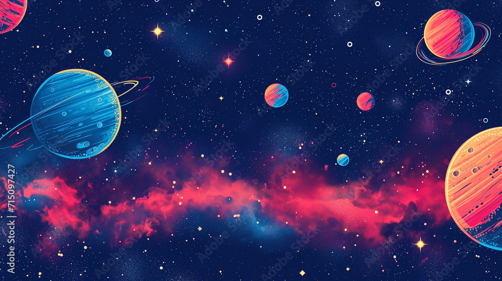 Naklejka premium Doodles of space including planets, stars and other celestial bodies.