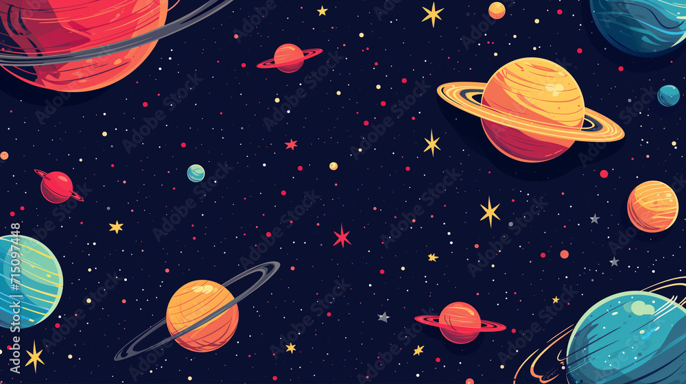 Doodles of space including planets, stars and other celestial bodies.