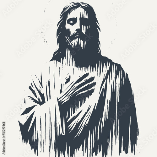 Ilustration of Jesus Christ. Vintage block print style vector illustration with grunge effect.
