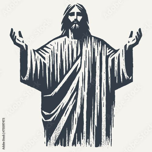 Ilustration of Jesus Christ Blessing. Vintage block print style vector illustration with grunge effect.