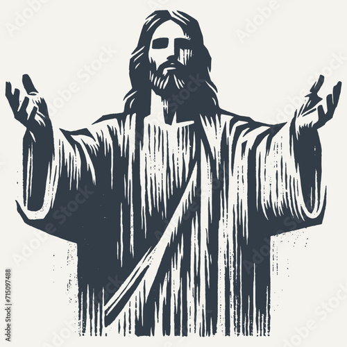 Ilustration of Jesus Christ. Vintage block print style vector illustration with grunge effect.