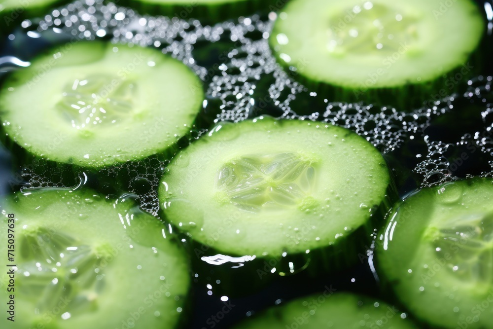 a close up of cucumber slices in a pan with water droplets on the top of the cucumbers. a close up of cucumber slices in a pan with water droplets on the top of the cucumbers.
