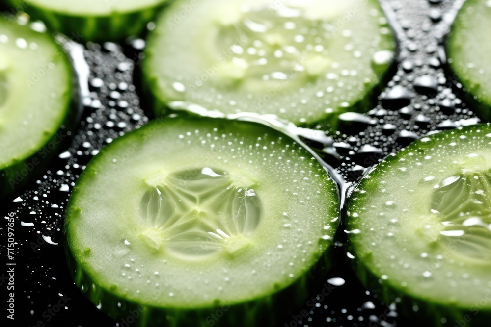 a close up of cucumber slices with water droplets on the top and bottom of the cucumbers. a close up of cucumber slices with water droplets on the top and bottom of the cucumbers.