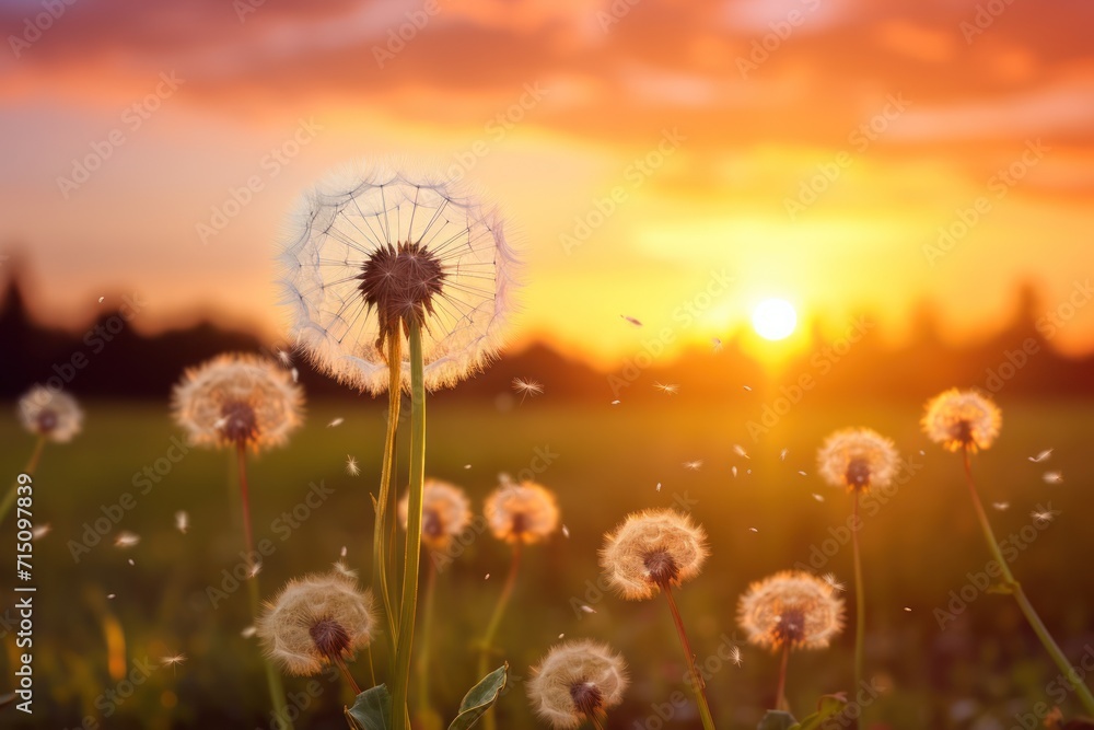 a close up of a dandelion with the sun in the background and a field in the foreground.